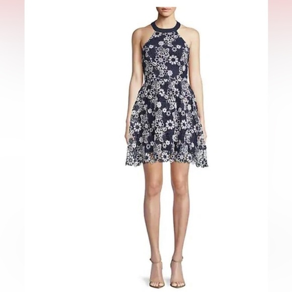 J.o.a. FLORAL LACE HALTER DRESS IN NAVY - Picture 1 of 6